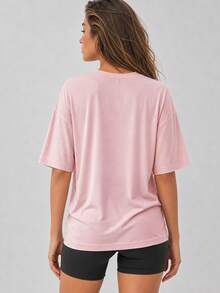 Women's Loose Oversized Drop Shoulder Pink Solid Color T-Shirt Short Sleeve Crew Neck Top Summer Casual Blouse Y2K 2026 Basic Style Sports - Pink - View 7