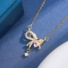 1件不鏽鋼鍊條鋯石蝴蝶結吊墜項鍊，女款時尚珠寶，禮品飾品 - 款式E - 查看 3