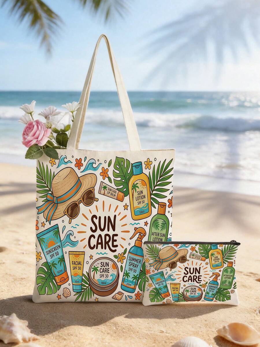 Set 2 Tas Tote Kanvas Motif Daun Palem Tropis Musim Panas, Tas Bahu Pantai Besar dengan Kantong Kosmetik Mini Berresleting, Tas Tangan Liburan yang Dapat Digunakan Kembali - Krem - View 1