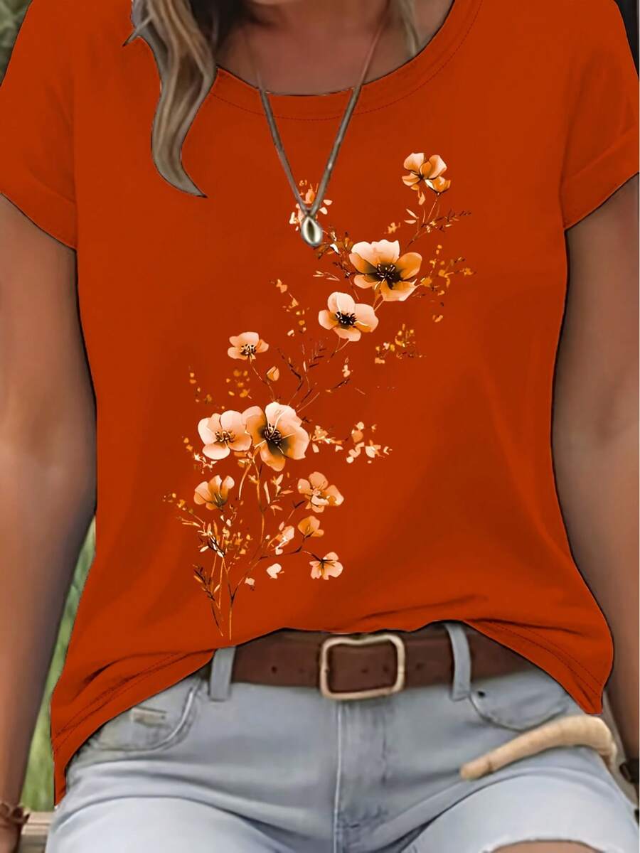 Elegant Watercolor Floral Print T-Shirt + Short Sleeves + Round Neck + Casual Spring And Summer Clothing For Women - 銅色 - 查看 1