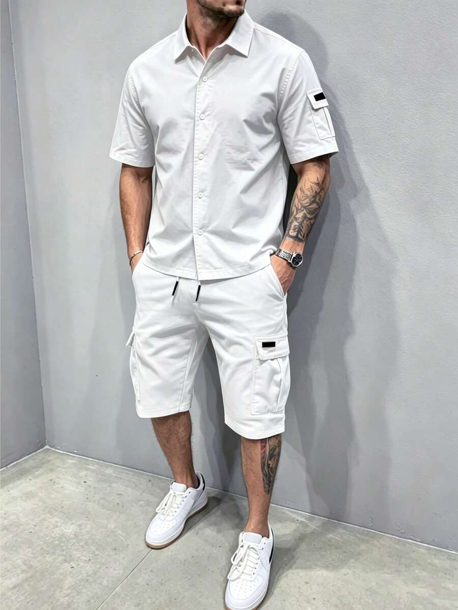 HEYKESON Bộ 2 món áo sơ mi ngắn tay và quần short kaki nam, màu trắng, phong cách đường phố. - trắng - Xem 1
