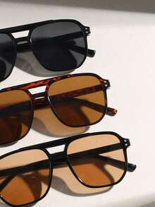3pcs/1pc Men's Double Bridge Square Rivet Fashion Glasses, Black, Leopard, Tea Color, Suitable For Summer Beach Vacation, Outdoor And Travel Use - Multicolor - View 2