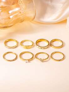 8pcs Fashionable Luxury Geometric Square Rhinestone & Heart 18k Stainless Steel Rings, Suitable For Women's Daily Or Party Wear - Ring Set - View 3