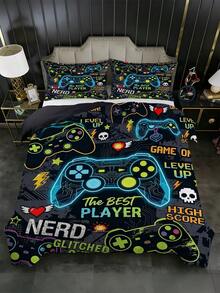 3 Stücke Bettbezug-Set mit Neon-Game-Controller-Muster (1 Bettbezug + 2 Kissenbezüge, ohne Füllung), schwarzer Bettbezug mit elektronischem Spielthema und dem Text "The Best Player", cooles Spielthema, geeignet für Hotel, Schlafzimmer, Gästezimmer - Verschiedenfarbig - Übersicht 1