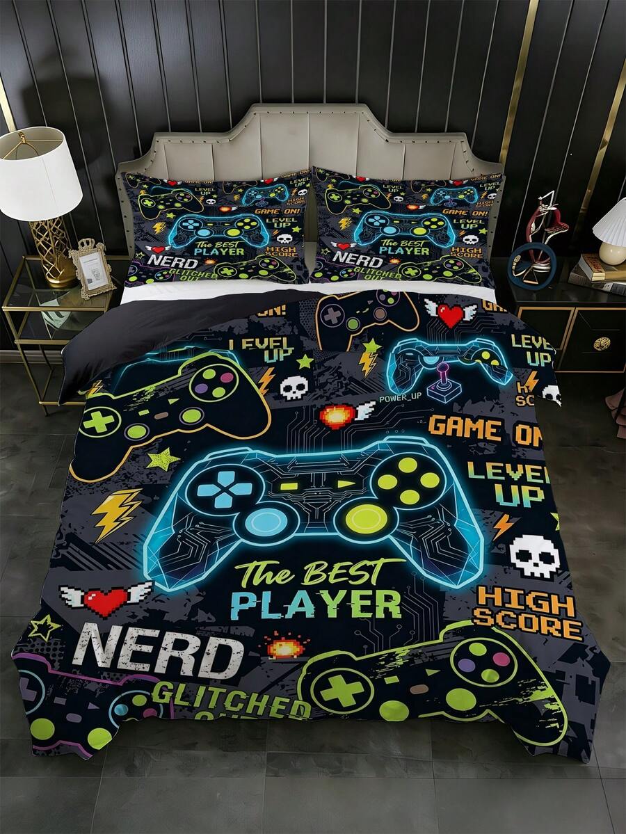 3 Stücke Bettbezug-Set mit Neon-Game-Controller-Muster (1 Bettbezug + 2 Kissenbezüge, ohne Füllung), schwarzer Bettbezug mit elektronischem Spielthema und dem Text "The Best Player", cooles Spielthema, geeignet für Hotel, Schlafzimmer, Gästezimmer - Verschiedenfarbig - Übersicht 1