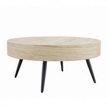 Round Coffee Table, 70 Cm In Diameter, Made Of Light Travertine-Effect MDF, With Black Metal Legs. Minimalist Design, Ideal For Living Rooms And Small Spaces. - 米色 - 查看 7