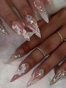 24 Stück lange Wassertropfen-Form Press-On Kunstnägel, glänzende Strass-Verlauf-Blumenmuster, süßer cooler europäischer Stil Damen Nagelaufkleber, neue Mode für Fingerspitzen, für Damenpartys, Tänze, Alltag-Outfit, Kunstnägel, Nagelkunst-Zubehör, Nagelkunst - Verschiedenfarbig - Übersicht 4