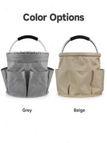 1pc Rustic Solid Color Garden Tool Tote, Round Bucket Shape With 6 Side Pockets & Padded Metal Handle, Foldable Oxford Cloth Storage Bag, Large Capacity Organizer For Home Gardening, - A - View 11