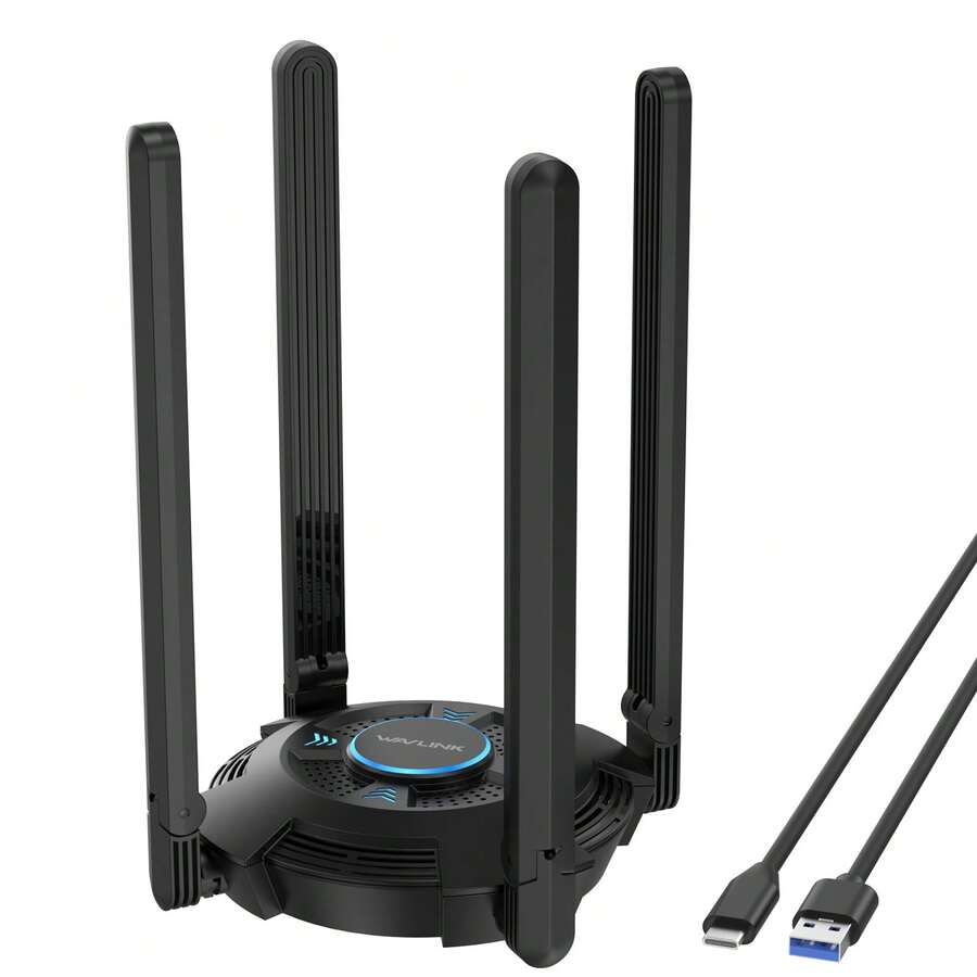 Adaptor WiFi USB untuk PC, Adaptor Jaringan Nirkabel Tri-Band AX5400 2.4/5/6GHz dengan 4 Antena Gain Tinggi 5dBi untuk Desktop, Laptop, Mendukung Windows 10/11 - View 1