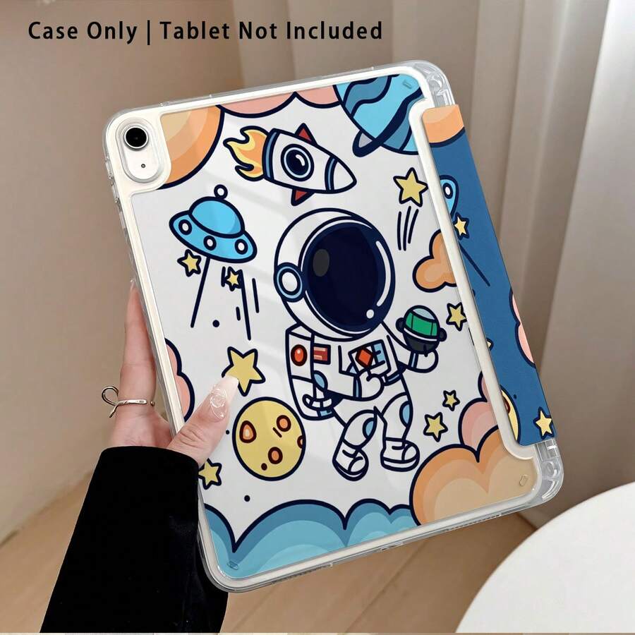 Funda protectora de acrílico cristalino con efecto pintado de astronauta, cohete y planeta, con soporte, compatible con Honor/Apple/ y otros modelos de tabletas populares, plegable anti-doblez, esquinas reforzadas de silicona, función de activación/suspensión automática, ranura para lápiz incorporada, soporte plegable multi-ángulo - Regalo perfecto para las vacaciones - Multicolor - Ver 1