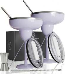 Set Of 2 Cream-Colored Margarita Glasses Made Of Insulated Stainless Steel With Lids, Shatterproof And Vacuum-Sealed. Ideal As A Mother's Day Gift. - 紫色 - 查看 1
