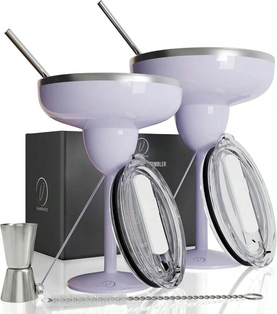 Set Of 2 Cream-Colored Margarita Glasses Made Of Insulated Stainless Steel With Lids, Shatterproof And Vacuum-Sealed. Ideal As A Mother's Day Gift. - 紫色 - 查看 1
