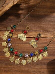Bohemian Vintage Gold Colorful Crystal Jewelry Set, Sunflower Drop Earrings & Choker Necklace For Party - Round - View 11