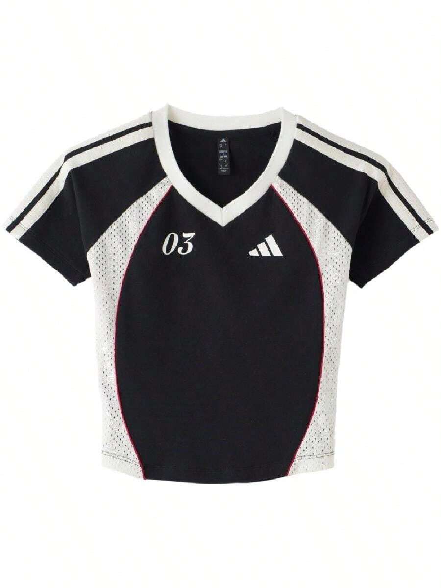 Adidas 女款運動T恤 & 背心 TIRO TEE3 夏季撞色V領短版舒適運動T恤 KZ2386 - 黑色 - 查看 1