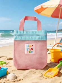 2pcs/Set Cute Colorblock Mesh Tote Bag With Zipper, Portable Breathable Storage Bag, Suitable For Travel, Gym And Daily Use - Multicolor - View 3