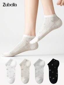 4 Pairs Women's Short Ankle Socks, Minimalist Fashion Comfortable Mesh Forest Style Mid-Calf Socks, Cute Floral Socks, Suitable For All Seasons - Multicolor - View 4