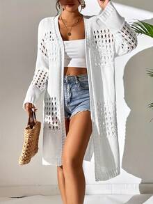 European And American Plus Size Solid Color Women's Hollow Out Mid-Length Thin Knit Lightweight Cardigan Summer Vacation Beach White - White - View 5