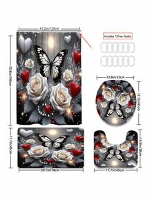 1/3/4pcs Aesthetic Butterfly Rose Decor Shower Curtain Bathroom Set, Luxury Elegant Waterproof Durable Bathroom Decor & Accessories, Includes 12 Hooks - Toilet Lid Cover, Bath Mat And Rug, Polyester Fabric - Washable - Suitable For Holiday Decor, Home/Bedroom/Residence/Western/Summer Decor - Gold Gray - View 15
