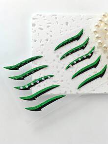 1pc Dark Green Black Rhinestone Eyeliner Face Decoration Sticker, Diamond Eyeliner Sticker, Reusable Eyeliner Sticker, Easy To Use, Suitable For Women's Makeup And Eye Decoration - 彩色 - 查看 6