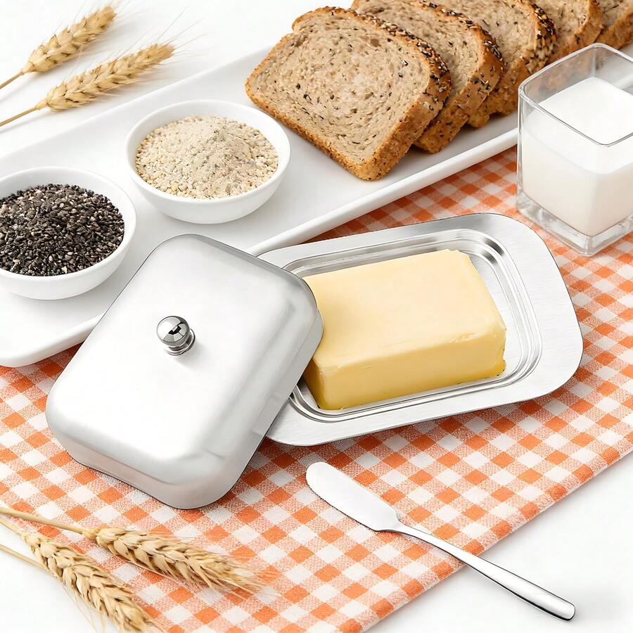 1/3Pcs Stainless Steel Butter Dish With Lid And Butter Spreader Knife, Airtight Dustproof Butter Keeper Container For Fridge Kitchen Breakfast Storage - View 1