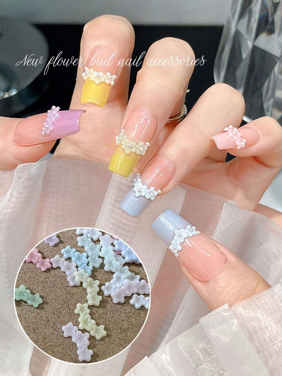 50Pcs New 3-Flower Macaron Pearl Daisy French Dress Hem Nail Art Decorations Nail Charms - Multicolor - View 1