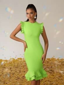 Love Aing Women's Summer Elegant Party Banquet Dress With Lace Cuffs, Pleated Green Knee-Length Skirt, Ruffle Hem, Mermaid Tail Dress For Guests, Ball, Luxury Evening Gown, Beach Vacation Style, Autumn Dress - Green - View 8