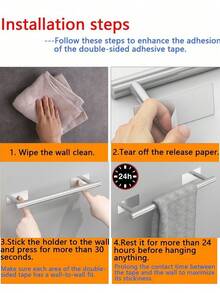 Self-Adhesive Stainless Steel Towel Bar, No Drilling Required, Bathroom Towel Rack, Bathroom Accessories, Adhesive Towel Rack, Wall-Mounted Bathroom Towel Rack, Bathroom Storage, Towel Hook, Bath Towel Rack, Bathroom Storage Rack - Multicolor - View 7