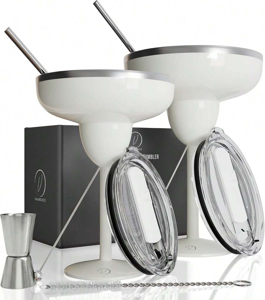 Set Of 2 Cream-Colored Margarita Glasses Made Of Insulated Stainless Steel With Lids, Shatterproof And Vacuum-Sealed. Ideal As A Mother's Day Gift. - 白色 - 查看 1