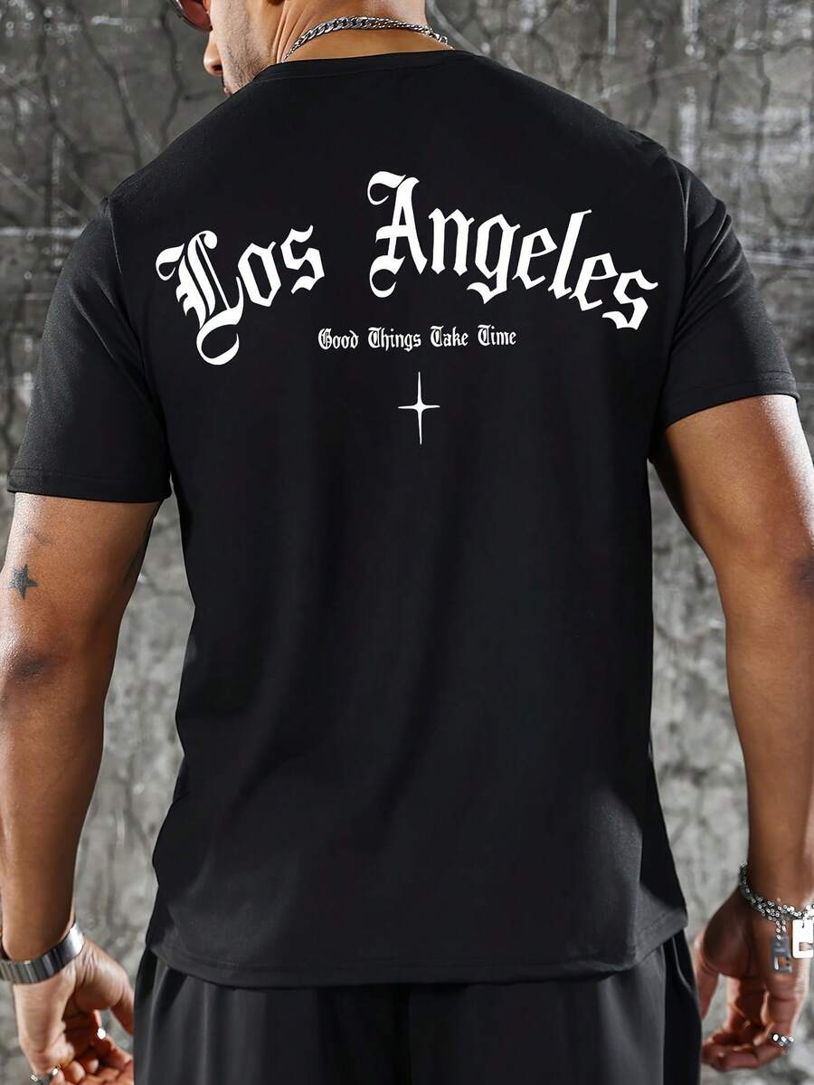 Men's T-Shirt With Letter Print - Black - View 1