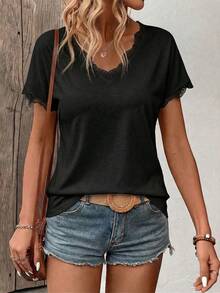 Women's Short Sleeve T-Shirt With V-Neck And Lace Trim, Spring/Summer - 黑色 - 查看 1