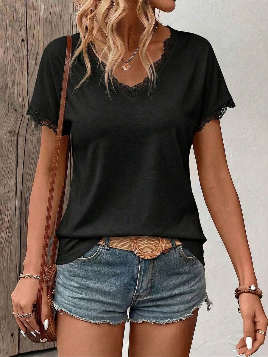 Women's Short Sleeve T-Shirt With V-Neck And Lace Trim, Spring/Summer - 黑色 - 查看 1