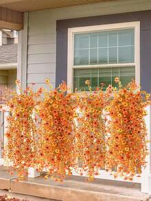 Juego de 4 piezas de flores decorativas artificiales de otoño, flores artificiales colgantes, decoración de otoño para exteriores, flores de crisantemo de seda artificial, resistente a los rayos UV y no se desvanece, adecuado para macetas de exterior de otoño, porche, patio, jardín - Naranja - Ver 4