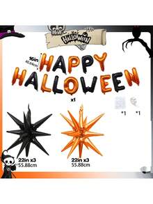 1組 Happy Halloween 氣球橫幅 40.64cm，Happy Halloween 3D蝙蝠鋁箔氣球 55.88cm，6顆黑色與橘色星星鋁箔氣球，適用牆面裝飾、居家、戶外、室內、生日派對佈置 - 彩色 - 查看 3