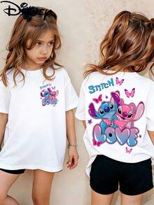 Disney Lilo & Stitch Kids T-Shirt, Stitch & Angel Love Double-Sided Graphic Tee, White Short Sleeve For Girls - 白色 - 查看 1