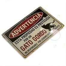 2D Flat - 1pc Funny Fat Cat Warning Sign | Vintage Spanish Poster, Red Border, "Fat Cat Protection" - Heavy Duty Metal Wall Decor (8x12 Inches) - Suitable For Kitchen, Living Room, Office Decoration - Multi-Purpose, Metal Material - Multicolor - View 5
