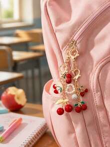 1pc Cherry Pearl Pendant, Gold Alloy Material, Enamel & Rhinestone Cherry Decor, Sweet Bag Charm, Graduation & Birthday Gift - Multicolor - View 2