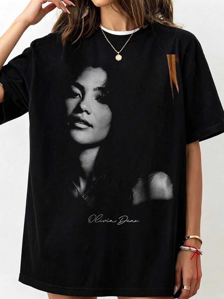 Olivia Dean Shirt, Olivia Dean Poster Crew-Neck Printed Men's Fashion Short-Sleeved Sports T-Shirt - Black - View 1