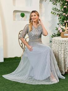 JINLICX Luxury Grey V‑Neck Rhinestone Beaded Peplum Pleated Floor‑Length Banquet Evening Dress - Silver - View 6