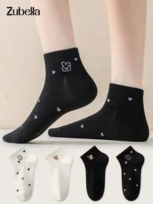 4 Pairs Women's Heart Cartoon Pattern Short Socks Ankle Socks, White & Black Cute Mid-Calf Socks, Suitable For Outdoor Wear, All Seasons - Multicolor - View 7