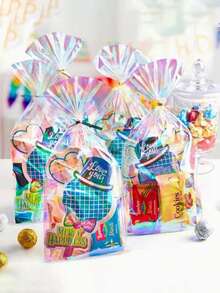 50/25/1pc Rainbow Transparent Plastic Candy Bags, Laser Style Gift Bags, Party Cookie Snack Bags With Gold Twist Tie Closure, Colorful Gift Packaging Bags - Multicolor - View 2