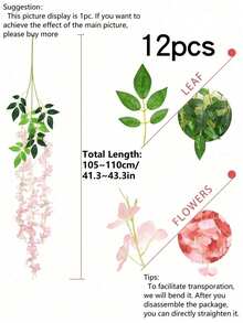 12入/包 或 4入/包 或 1入/包 (105cm/41.37in) 人造紫藤藤蔓 仿真紫藤吊掛花環 淡粉色 吊掛人造花葉 絲質長吊掛灌木花串 家居派對婚禮裝飾 房間裝飾、牆面裝飾、花園裝飾、家居裝飾 - 淺粉色 - 查看 10