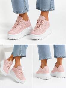 Women's Sports Shoes On A Platform, Lace-Up, Thick Sole - Pink - View 2