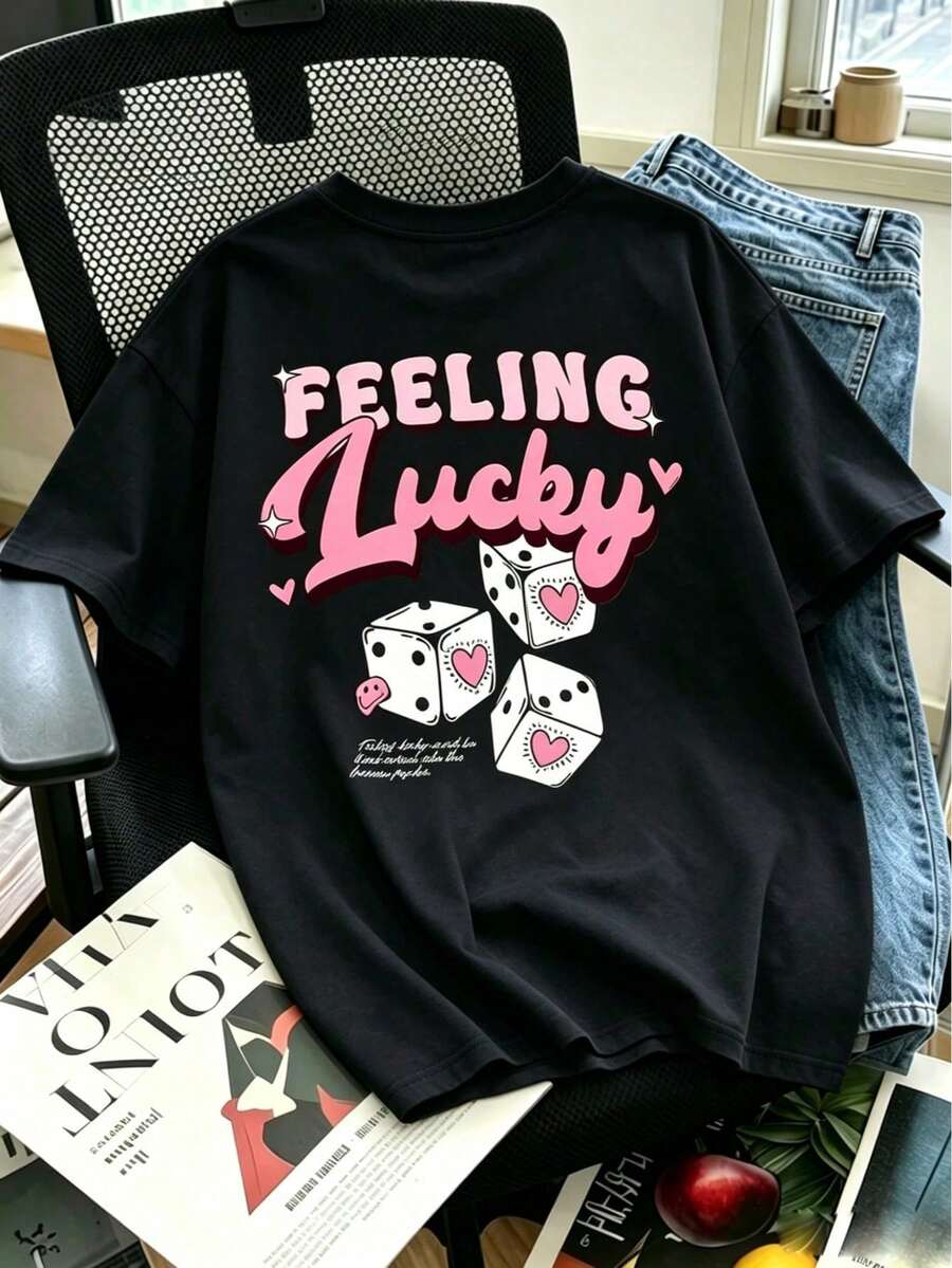 Lucky Dice Print T-Shirt, Y2K Aesthetic Graphic Tee, Casual Short-Sleeve T-Shirt With A Retro Lucky Vibe, Black Summer Streetwear Style Top, Style - 黑色 - 查看 1