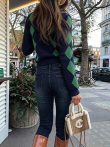 Women's Vintage Argyle Knit Cardigan, Long Sleeve Button Round Neck Top, Medium Stretch Regular Fit Autumn Sweater - Multicolor - View 5