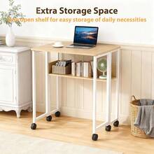 Folding Desk With Storage Shelf, 24.8 Inch Compact Table On Wheels For Small Spaces, Multi-Purpose Portable Writing And Study Desk  Home Office, Bedroom,Dorm, White - D - View 3