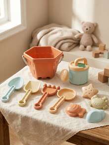 10Pcs Kids Water & Beach Toy Set – Orange Hexagon Sand Bucket, Light Blue Watering Can, 2 Shovels, Brown Rake, Beige Sieve, 4 Sand Molds, Durable Plastic Summer Splash & Sand Play Kit, Ideal Birthday/Holiday/Summer Gift For Beach/Pool Fun - Watermelon Pink - View 4