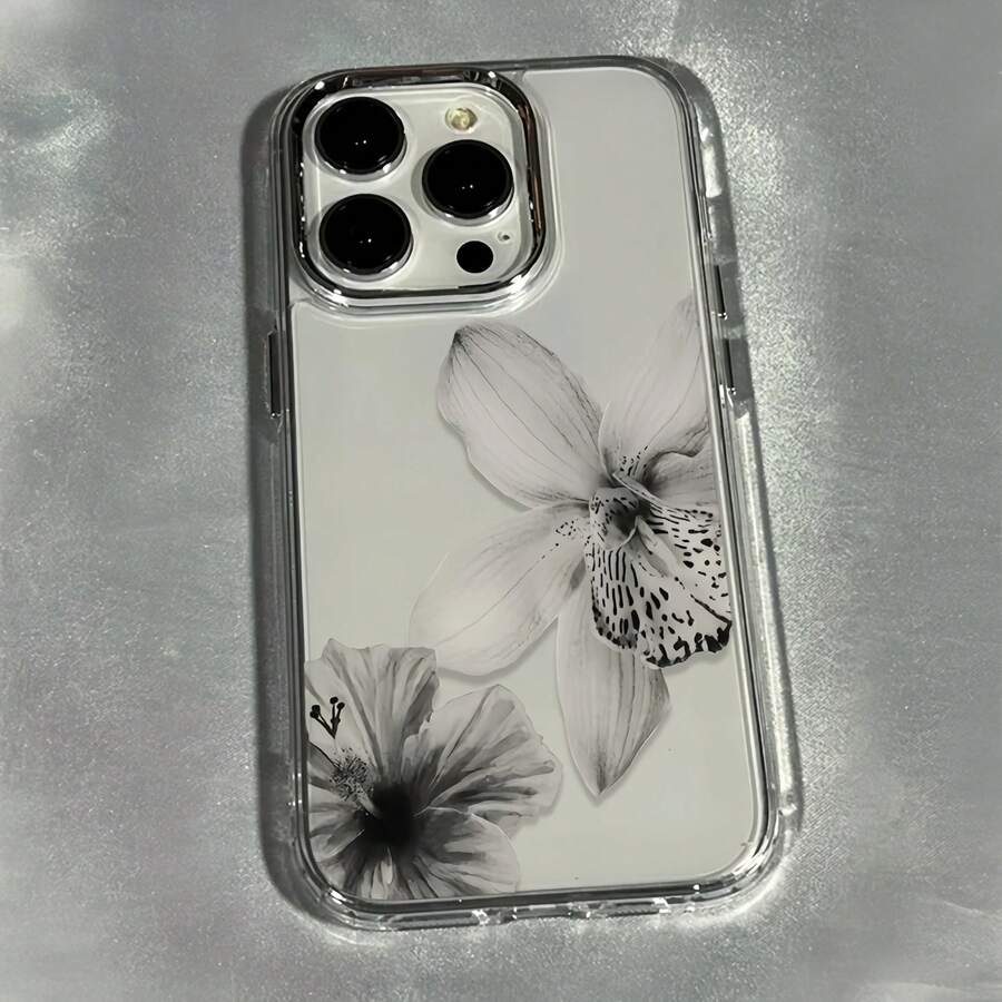 1個金屬按鈕極簡透明灰階水墨花紋手機殼 個性化適用於 iPhone 16 Pro Max 17/16/15/14 Plus/13/12/11 保護殼 Air