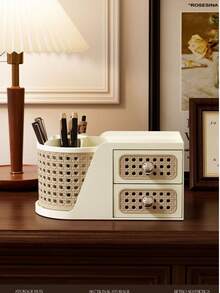 Retro Rattan Style Rotating Pen Holder With Drawers, Multi-Functional Desk Organizer For Stationery, Cosmetics & Small Accessories, Ideal For Office, Bedroom & Home Use - View 4