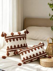 1pc/2pcs,Bohemian Tufted Geometric Throw Pillow Cover, White With Brown Diamond Pattern, Tassel Detail, Decorative Cushion Case For Sofa Couch Bed Living Room, Farmhouse Boho Home Decor,18x18in/12x20in, - Multicolor - View 6