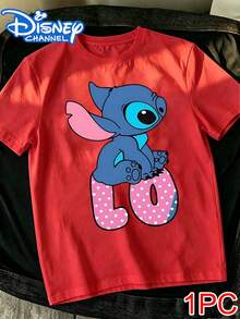 Cute "Lilo & Stitch" Couple's Short-Sleeve T-Shirt: Red "LOVE" Letter Print Versatile Casual T-Shirt,Family Matching Outfit,Disney Couple Outfits - 紅色 - 查看 2